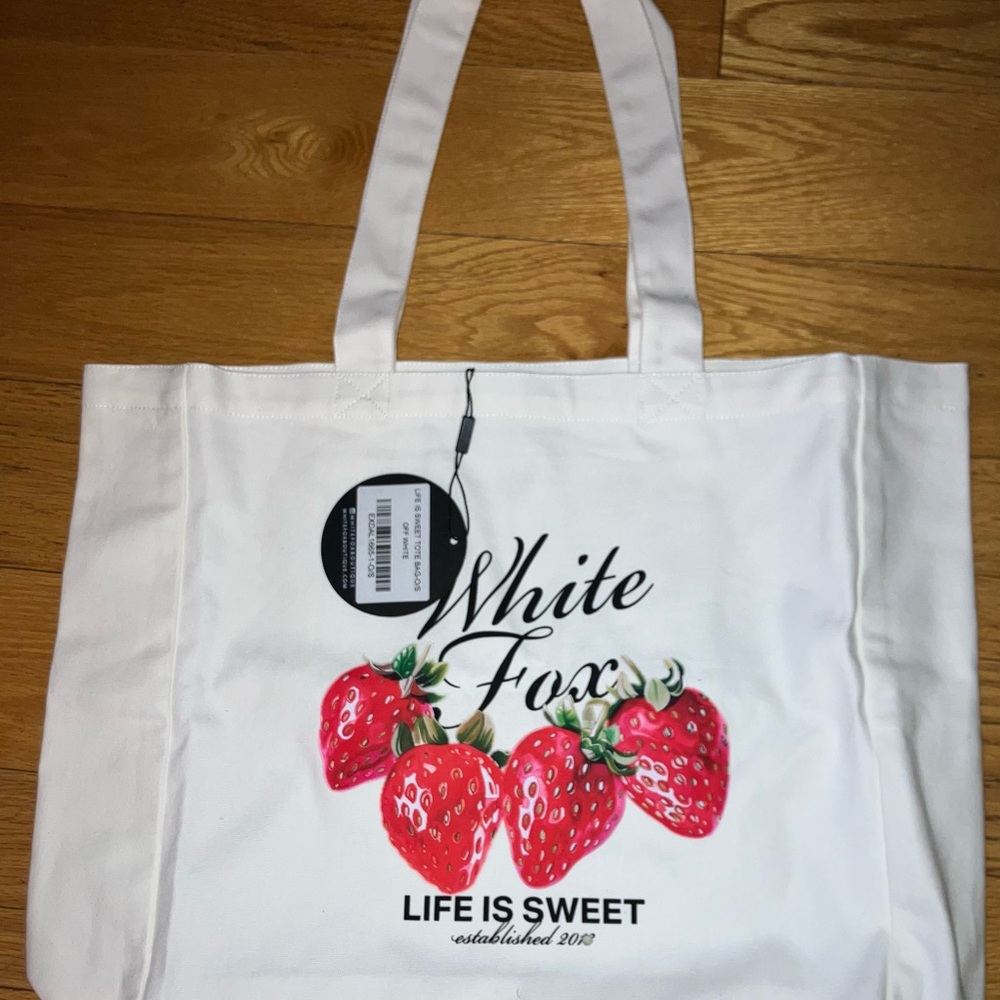 Life is Sweet Off-White Strawberry Print Tote Bag